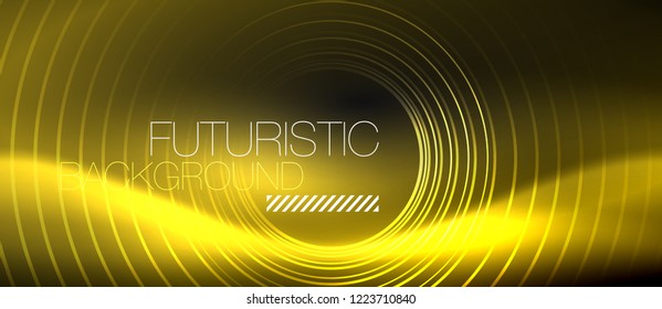 Dark abstract background with glowing neon circles, vector