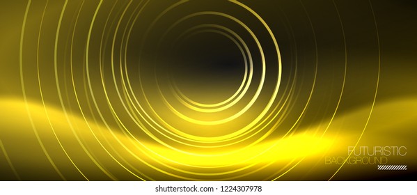 Dark abstract background with glowing neon circles, vector