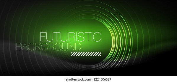 Dark abstract background with glowing neon circles, vector