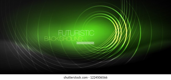 Dark abstract background with glowing neon circles, vector