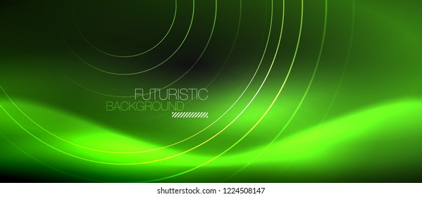Dark abstract background with glowing neon circles, vector