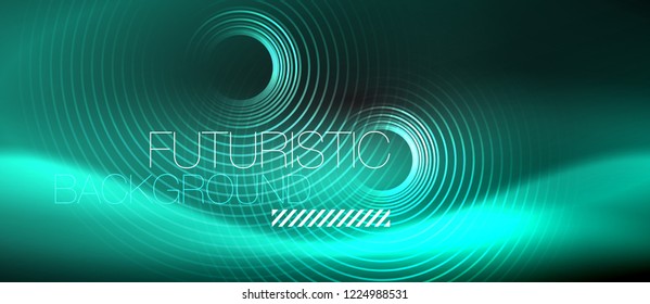 Dark abstract background with glowing neon circles, vector