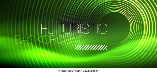 Fondo abstracto oscuro con círculos de neón brillantes, vector