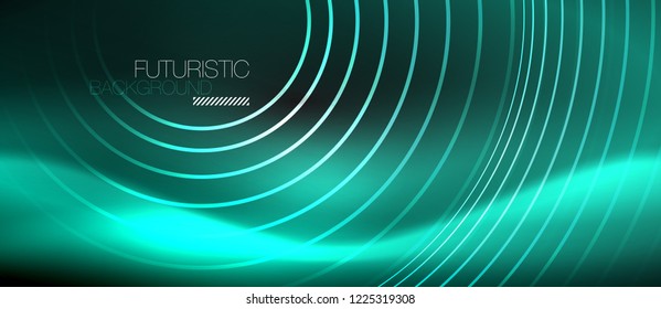 Dark abstract background with glowing neon circles, vector