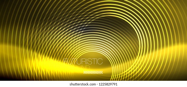 Fondo abstracto oscuro con círculos de neón brillantes, vector