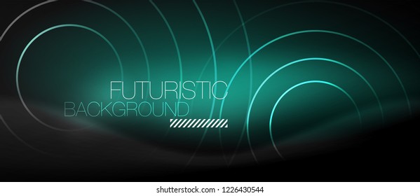 Dark abstract background with glowing neon circles, vector