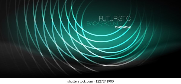 Fondo abstracto oscuro con círculos de neón brillantes, vector