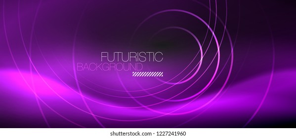 Fondo abstracto oscuro con círculos de neón brillantes, vector