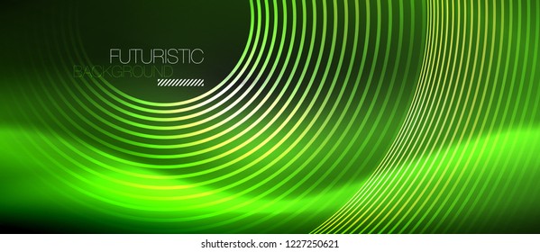 Dark abstract background with glowing neon circles, vector