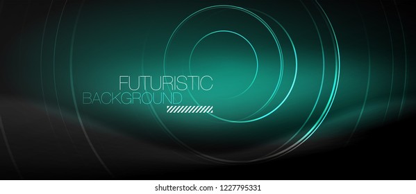 Dark abstract background with glowing neon circles, vector