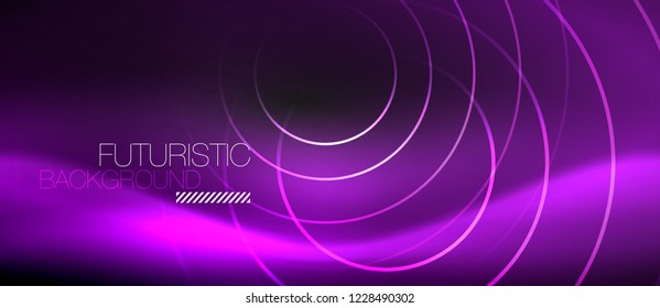 Dark abstract background with glowing neon circles, vector
