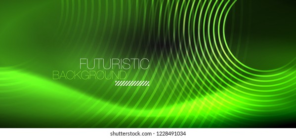 Dark abstract background with glowing neon circles, vector