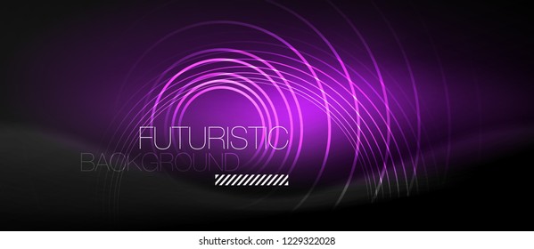 Dark abstract background with glowing neon circles, vector