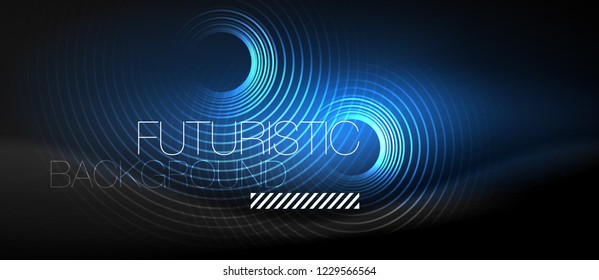 Dark abstract background with glowing neon circles, vector