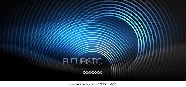 Fondo abstracto oscuro con círculos de neón brillantes, vector