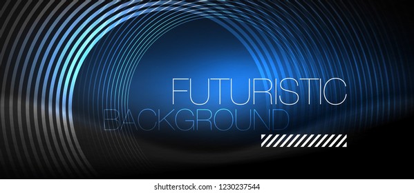 Dark abstract background with glowing neon circles, vector