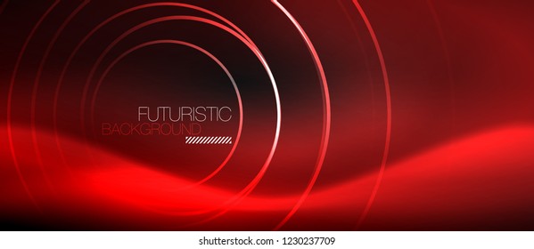 Dark abstract background with glowing neon circles, vector