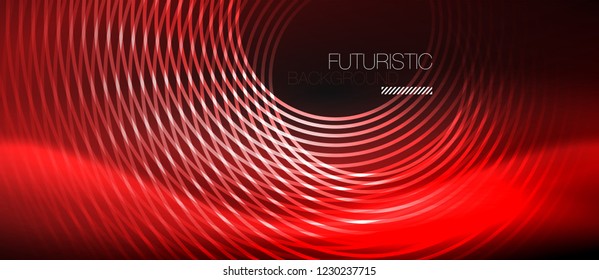 Fondo abstracto oscuro con círculos de neón brillantes, vector