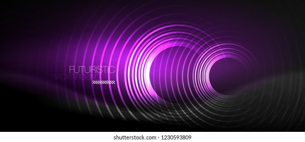 Dark abstract background with glowing neon circles, vector