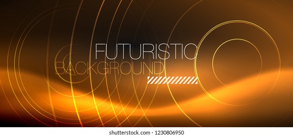 Dark abstract background with glowing neon circles, vector
