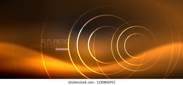 Dark abstract background with glowing neon circles, vector