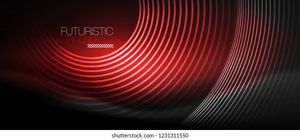 Fondo abstracto oscuro con círculos de neón brillantes, vector