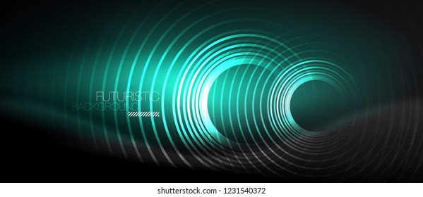 Dark abstract background with glowing neon circles, vector
