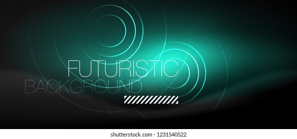 Dark abstract background with glowing neon circles, vector
