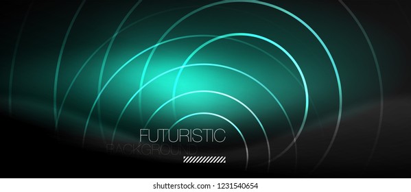 Dark abstract background with glowing neon circles, vector