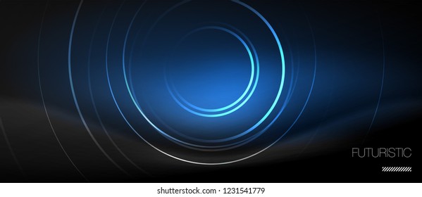Dark abstract background with glowing neon circles, vector