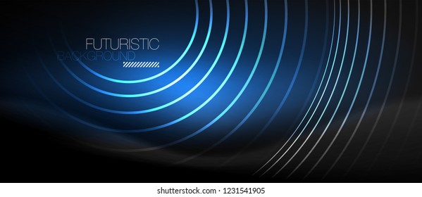 Dark abstract background with glowing neon circles, vector