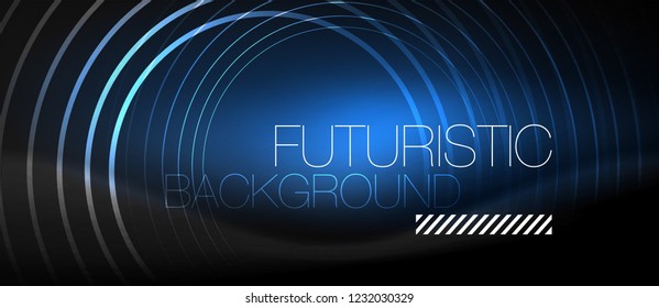 Fondo abstracto oscuro con círculos de neón brillantes, vector