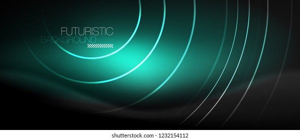 Dark abstract background with glowing neon circles, vector
