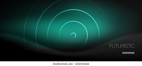 Fondo abstracto oscuro con círculos de neón brillantes, vector