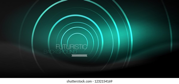 Fondo abstracto oscuro con círculos de neón brillantes, vector