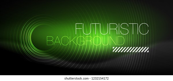 Dark abstract background with glowing neon circles, vector