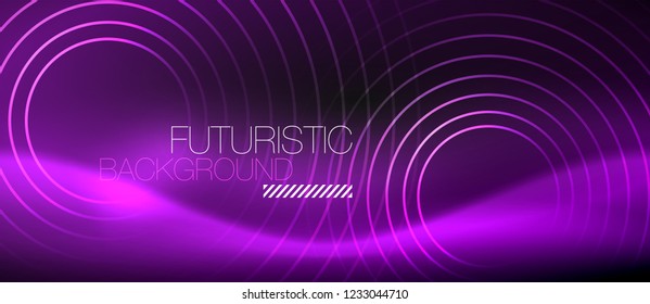 Dark abstract background with glowing neon circles, vector