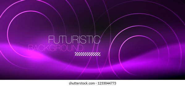 Dark abstract background with glowing neon circles, vector