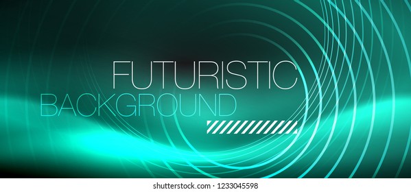 Dark abstract background with glowing neon circles, vector