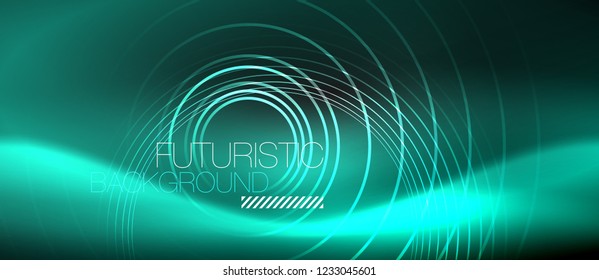 Dark abstract background with glowing neon circles, vector