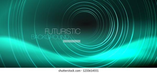 Dark abstract background with glowing neon circles, vector