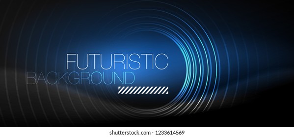 Fondo abstracto oscuro con círculos de neón brillantes, vector