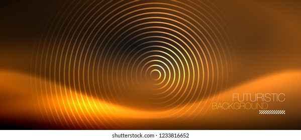Fondo abstracto oscuro con círculos de neón brillantes, vector