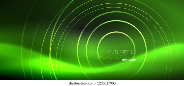 Dark abstract background with glowing neon circles, vector