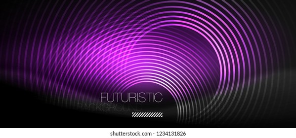 Fondo abstracto oscuro con círculos de neón brillantes, vector