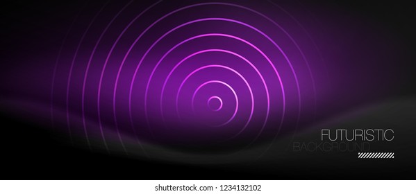 Dark abstract background with glowing neon circles, vector