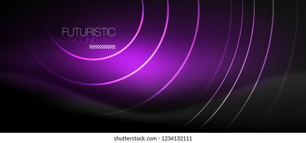 Fondo abstracto oscuro con círculos de neón brillantes, vector