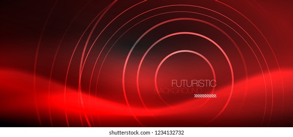 Fondo abstracto oscuro con círculos de neón brillantes, vector