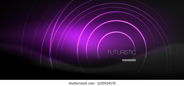 Dark abstract background with glowing neon circles, vector