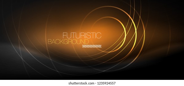 Dark abstract background with glowing neon circles, vector